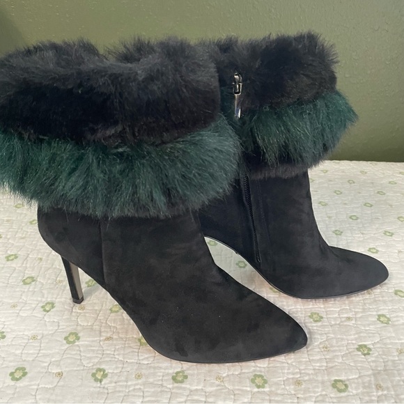 Sam Edelman Shoes - Sam Edelman Oleana Suede Faux Fur Emerald and Black Heeled Bootie Size 5